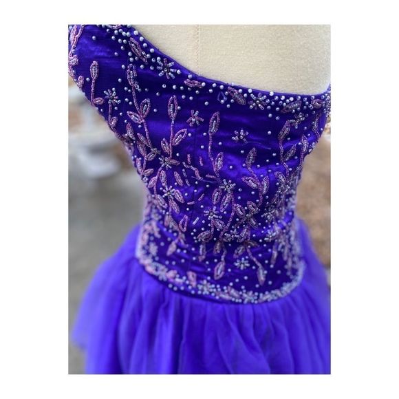 1980s Prom Dress Sweetheart Neck Beaded Bodice Tulle Layered Skirt Fit & Flare - Picture 12 of 14